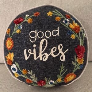 World Market Embroidered Good Vibes Round Pillow